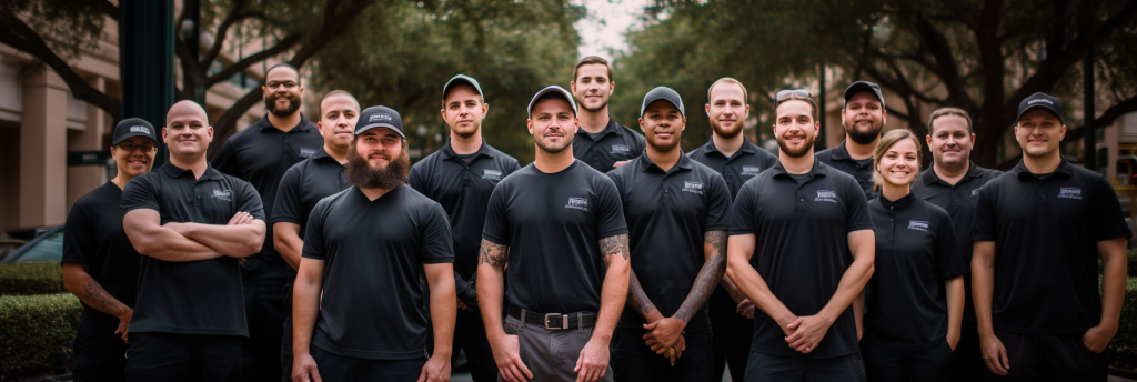 Your HVAC pro zone team. Team facing camera, outside, wearing black polos and grey work pants.